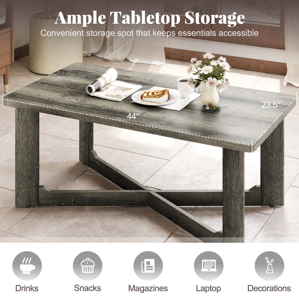 Rectangle coffee table with gray rubber wood base and X-shaped design, ideal for drinks, snacks, and magazines.