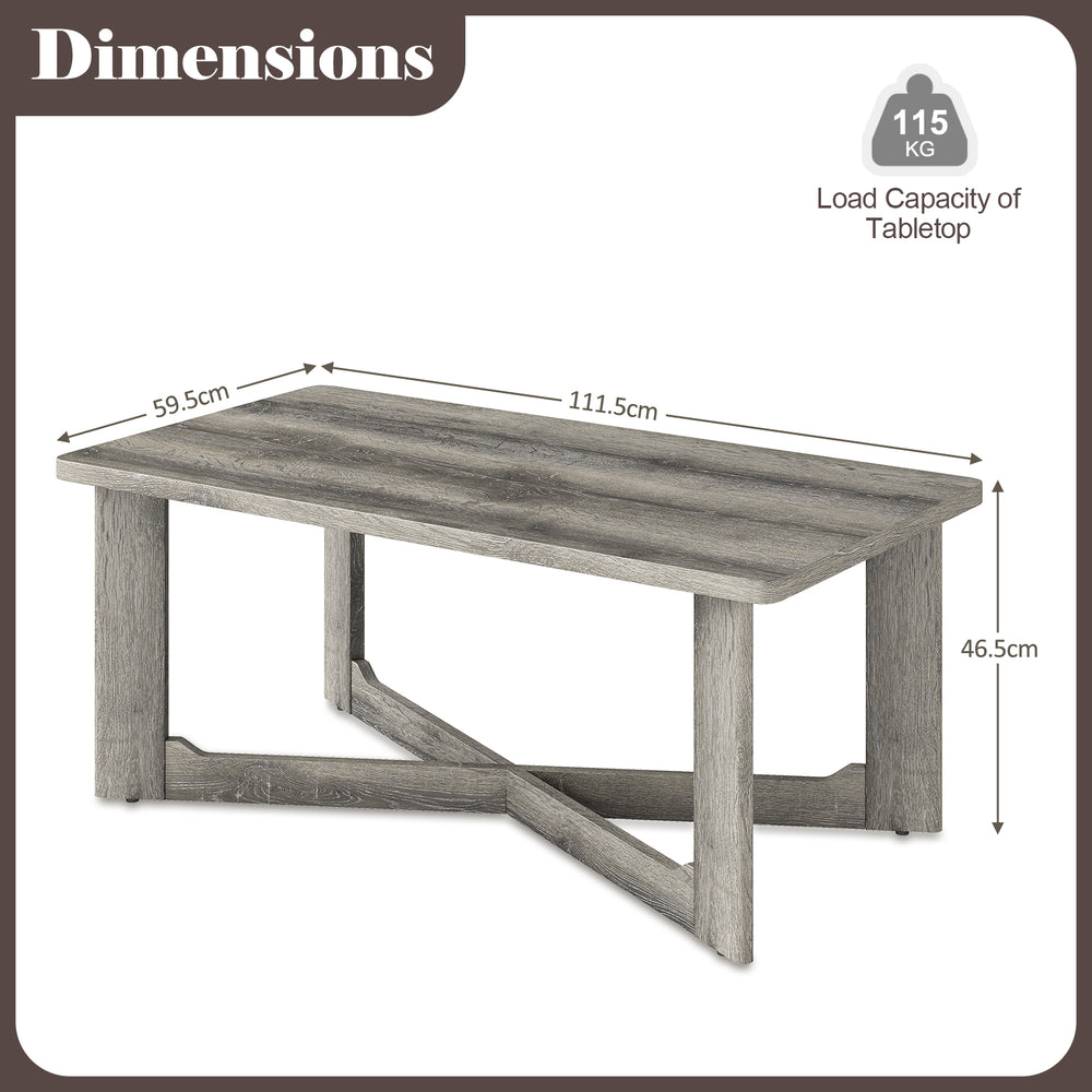 Rectangle coffee table with gray rubber wood base, X-shaped design, dimensions 111.5cm for convenient storage.