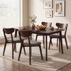 Rectangle dining table in walnut finish with four chairs, designed for 4-6 people, perfect for dining rooms or cafes.