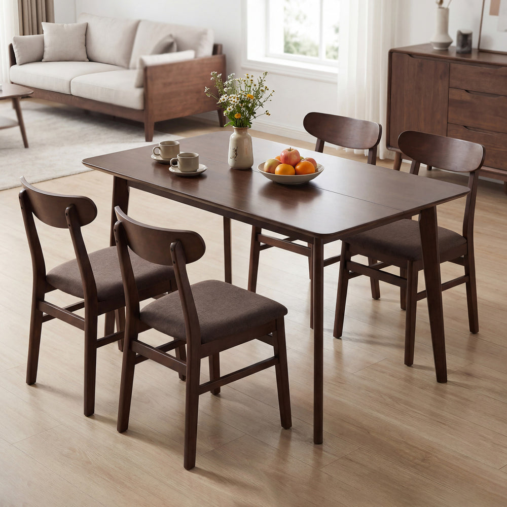 Rectangle dining table with walnut finish and natural rubber wood legs, seating 4-6 people, perfect for dining rooms.