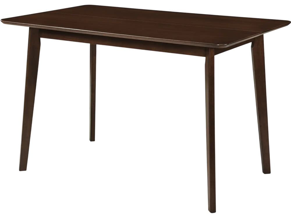 Rectangle dining table in walnut finish, seats 4-6, featuring sturdy rubber wood legs and a solid wood veneered top.