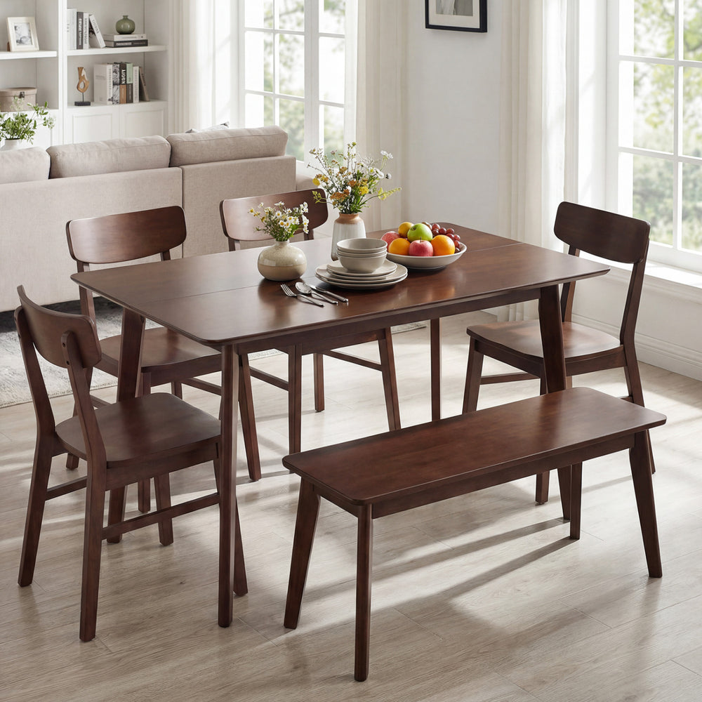 Rectangle dining table with walnut finish, seating 4-6 people, featuring solid wood veneer and natural rubber wood legs.