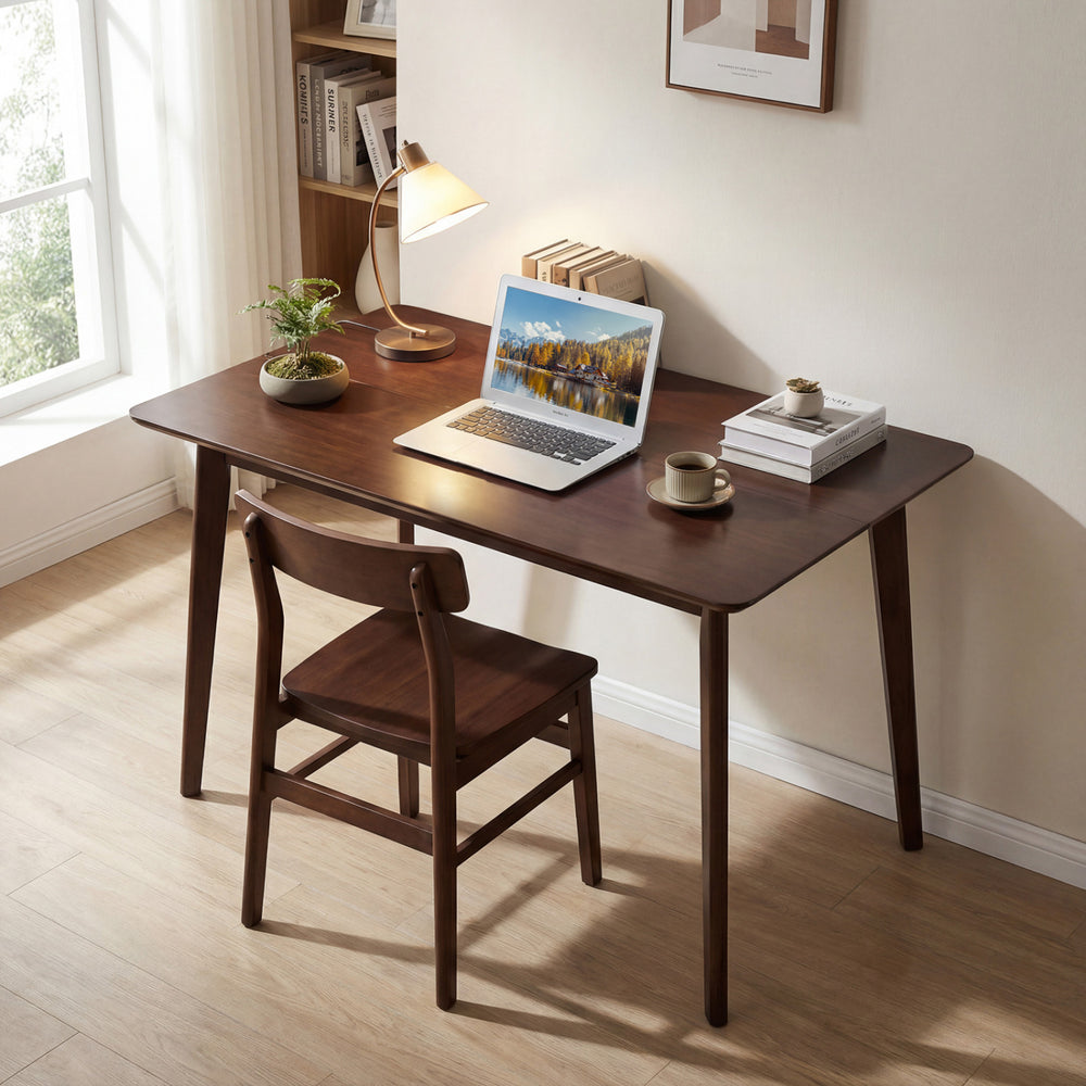 Rectangle dining table in walnut finish with natural rubber wood legs, designed for 4-6 people, perfect for dining.