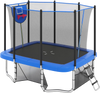 Rectangle outdoor trampoline with blue frame, basketball hoop, and safety net, ideal for kids' physical exercise.