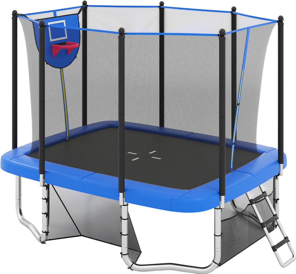 Rectangle outdoor trampoline with blue frame, basketball hoop, and safety net, ideal for kids' physical exercise.