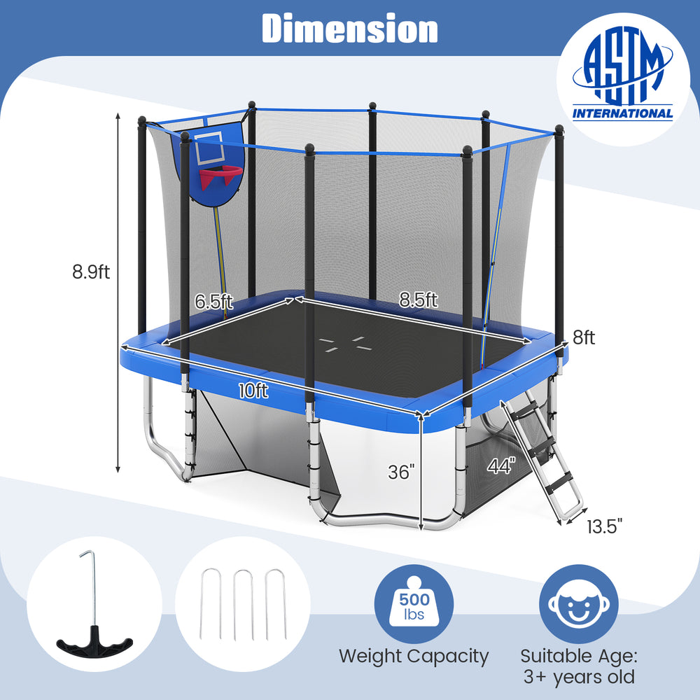 Rectangle outdoor trampoline 10 x 8 FT in blue with basketball hoop, safety net, and ladder for fun and exercise.
