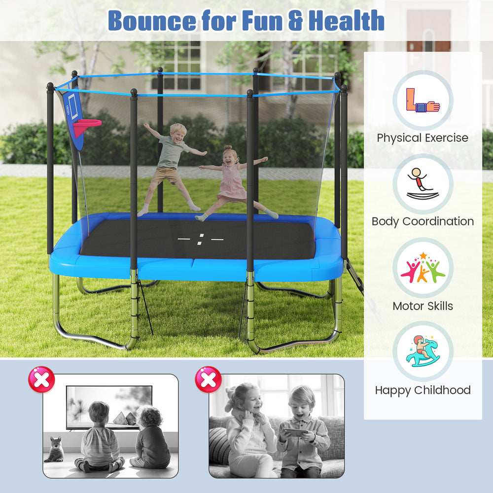 Rectangle outdoor trampoline with basketball hoop, featuring safety net and sturdy frame for fun and exercise.
