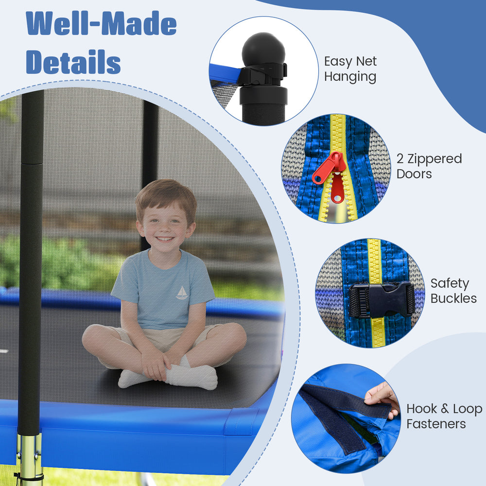 Close-up of the rectangle outdoor trampoline's safety features, including zippered doors and hook & loop fasteners.