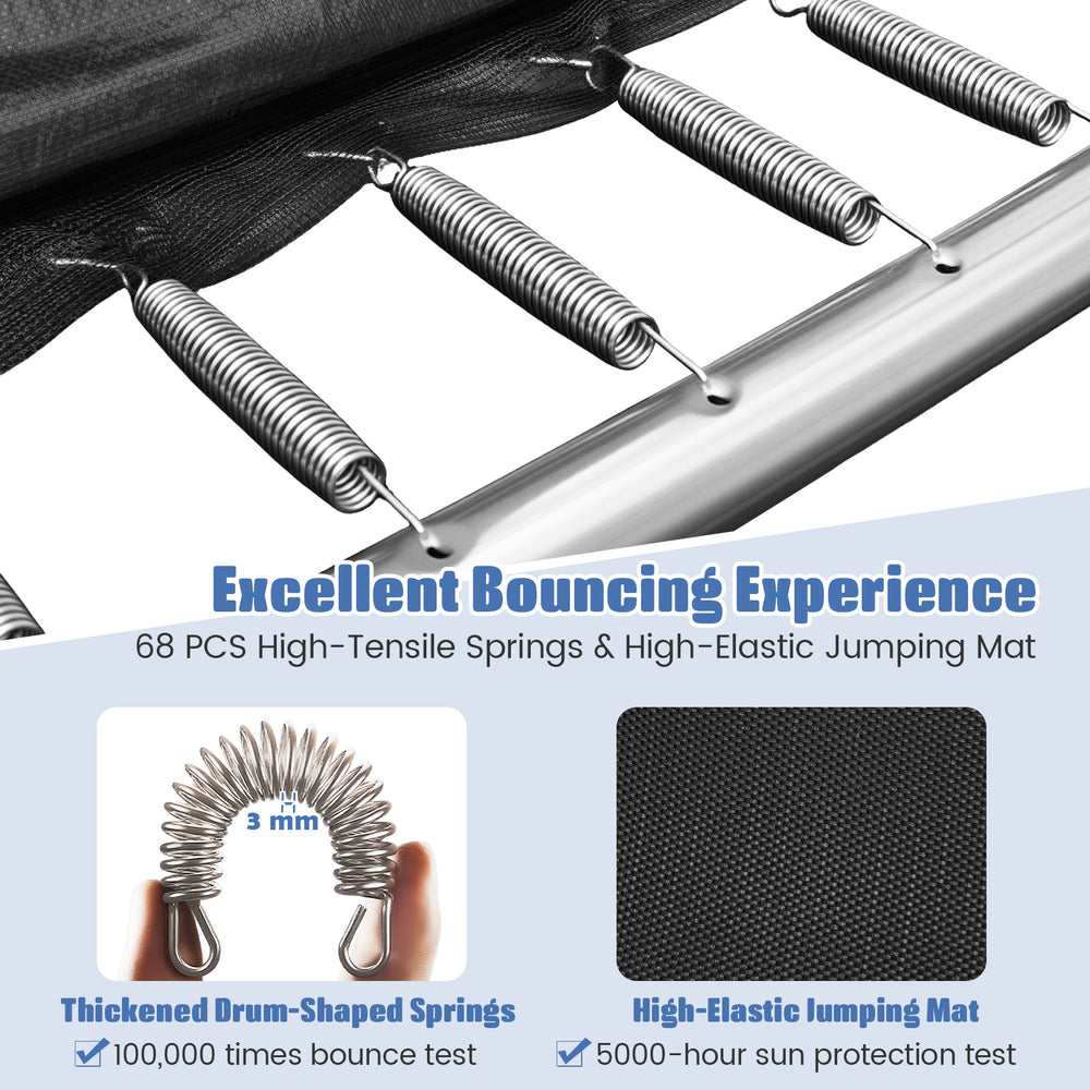 Detail of high-tensile springs and high-elastic jumping mat for the 10 x 8 FT outdoor trampoline with basketball hoop.