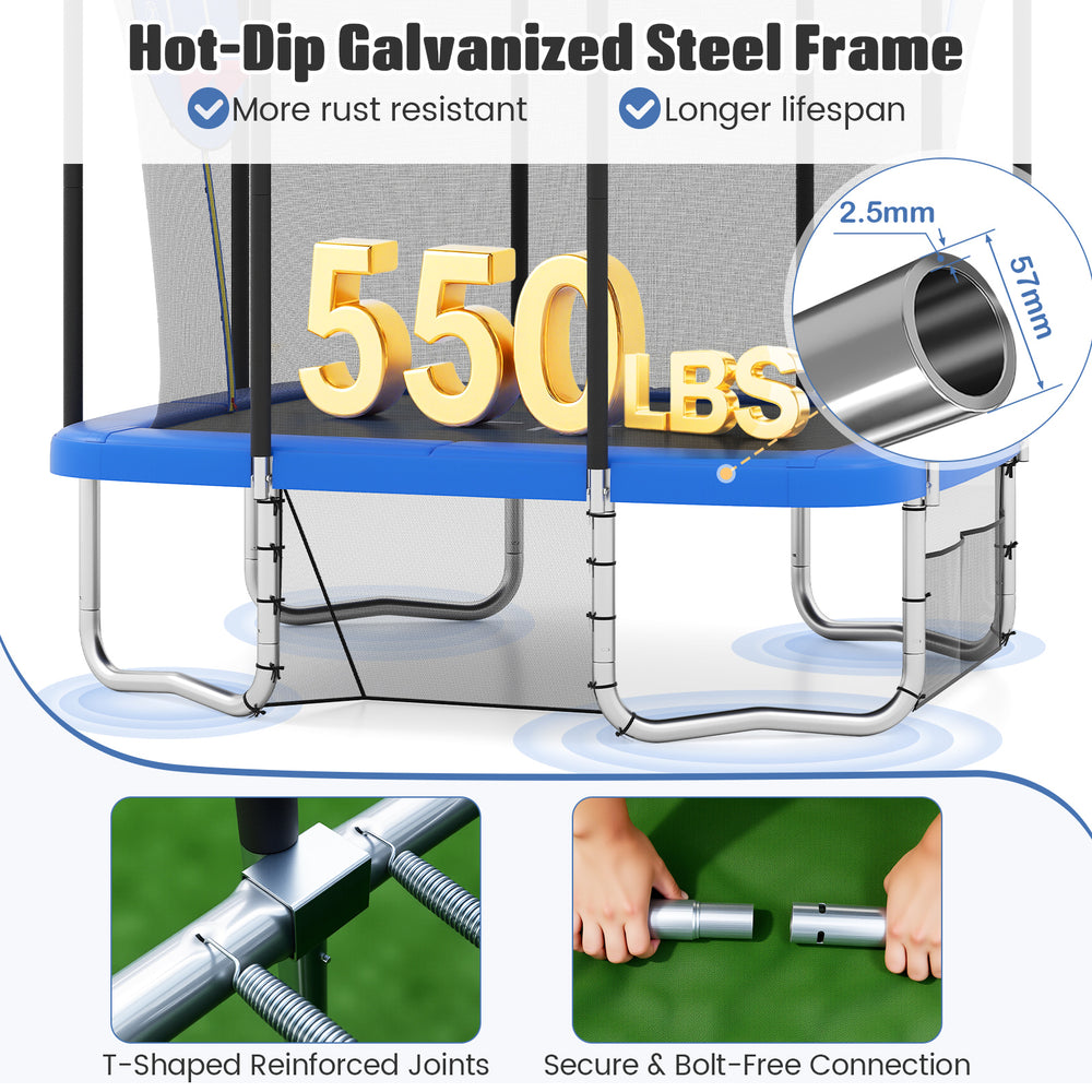 Rectangle outdoor trampoline with a hot-dip galvanized steel frame, supporting 550 lbs for safe jumping fun.