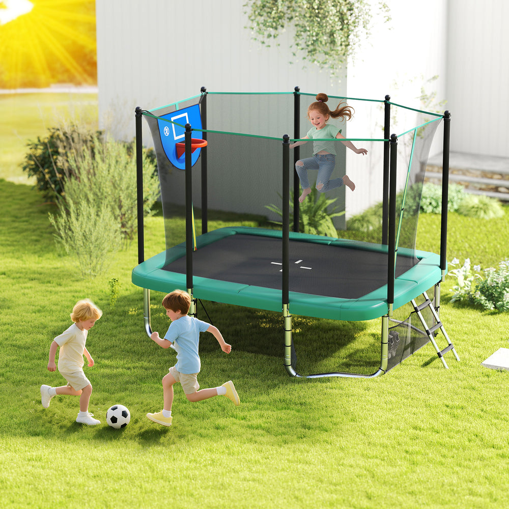 Rectangle Outdoor Trampoline 10 x 8 FT Heavy-Duty Trampoline with Basketball Hoop-Green - Gallery View 1 of 10