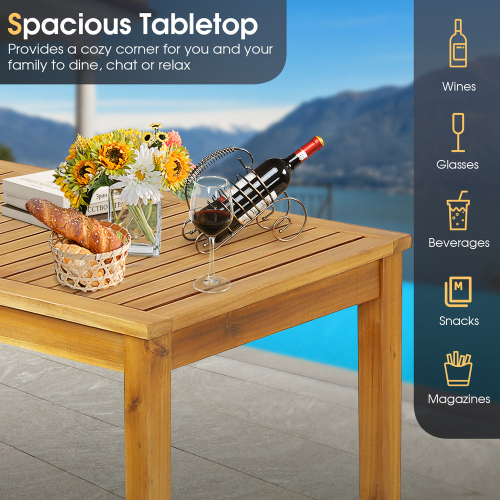 Rectangular acacia wood bar height table with spacious tabletop, perfect for dining and relaxing in outdoor settings.