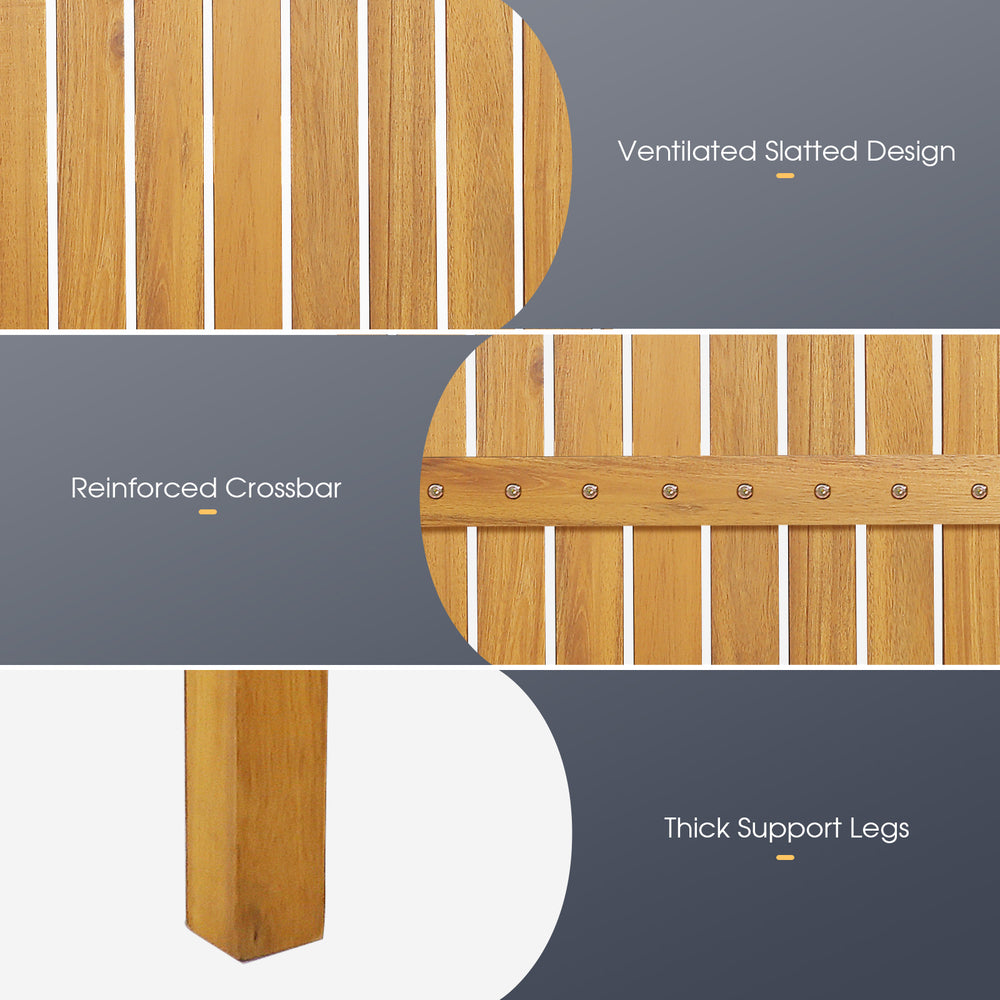 Detailed view of the reinforced crossbar and thick support legs of the acacia wood bar height table for outdoor use.