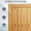 Close-up of the ventilated slatted design of a rectangular acacia wood bar height table, ideal for outdoor use.