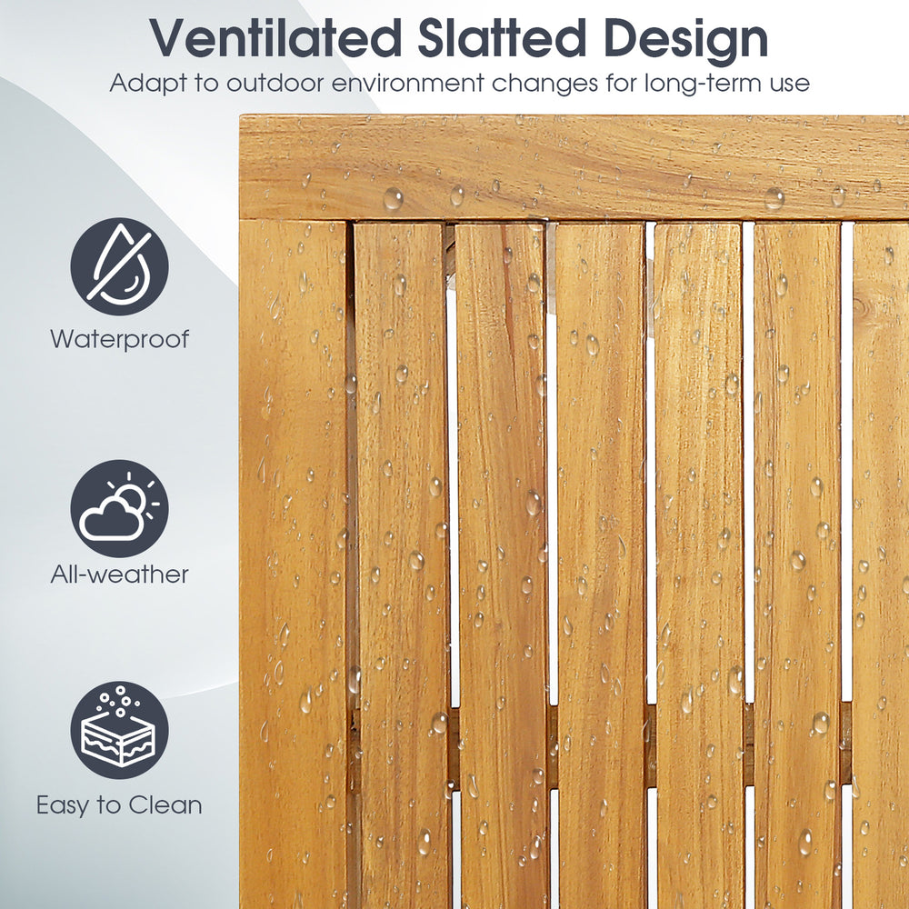Close-up of the ventilated slatted design of a rectangular acacia wood bar height table, ideal for outdoor use.