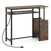 Rectangular bar table in rustic brown with charging station, LED light, and wine rack for stylish kitchen storage.