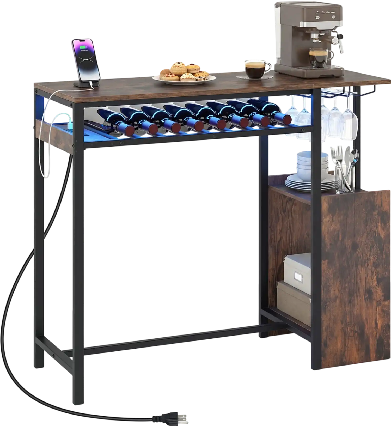 Costway Rectangular Bar Table w/ Charging Station LED Light 43661046 New
