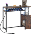 Rectangular bar table in rustic brown with charging station, LED lights, wine rack, and glass storage for kitchen or.