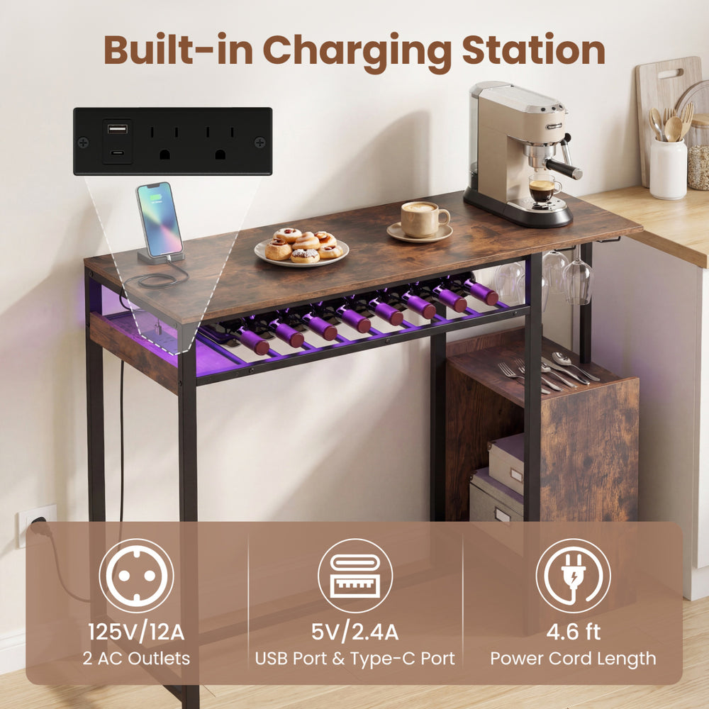 Rectangular bar table in rustic brown featuring a built-in charging station and LED light, ideal for wine storage and.