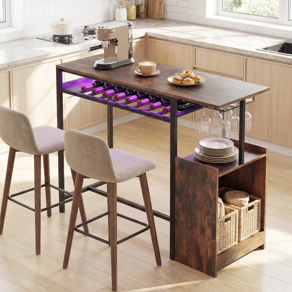 Rustic brown rectangular bar table with wine bottle storage and adjustable RGB LED light, perfect for modern kitchens.