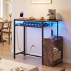 Rectangular bar table in rustic brown with LED light, charging station, and wine rack for kitchen or dining room use.
