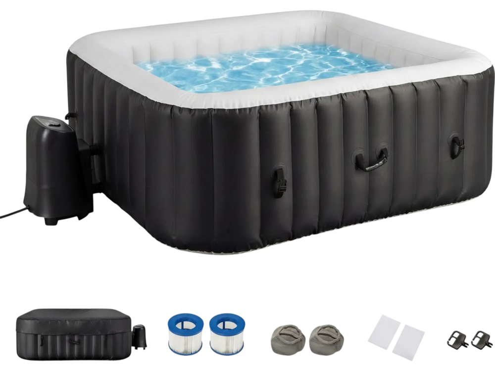 Rectangular black blowup pool hottub for 4-6 people with 130 air jets, insulated cover, and smart touch panel for easy.