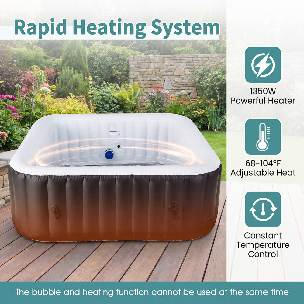 Rectangular blowup hot tub with 130 air jets, 1350W heater, and adjustable temperature for 4-6 persons in black.