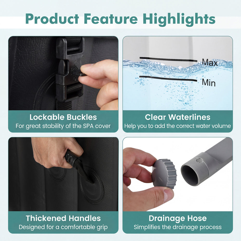 Lockable buckles and thickened handles on the black rectangular blowup pool hottub for easy use and stability.