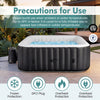 Rectangular black blowup hot tub with 130 air jets, designed for 4-6 people, featuring safety precautions for use.