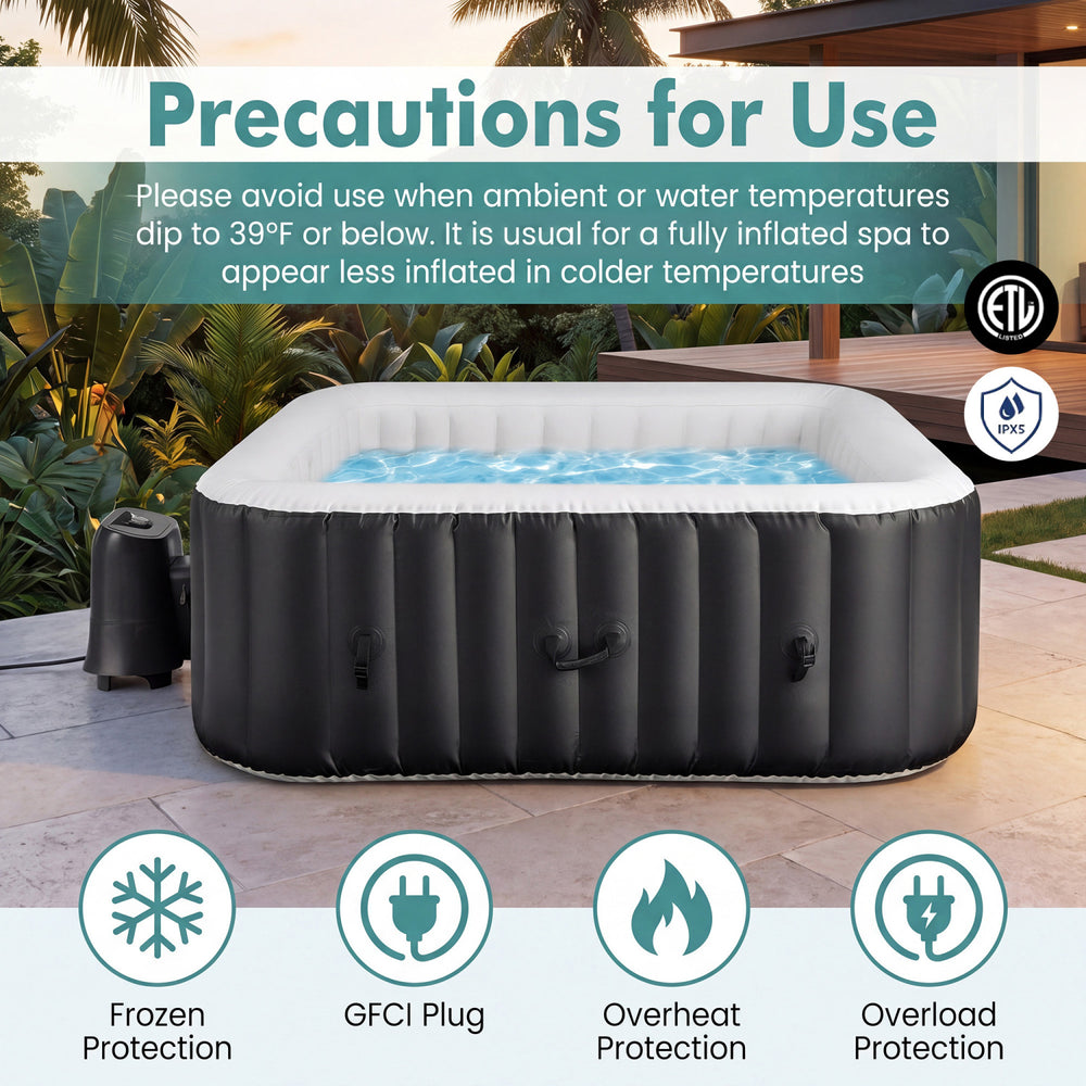 Rectangular black blowup hot tub with 130 air jets, designed for 4-6 people, featuring safety precautions for use.