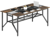 Rectangular meeting table in rustic brown with mesh storage shelf and cable grommet, perfect for office or conference.