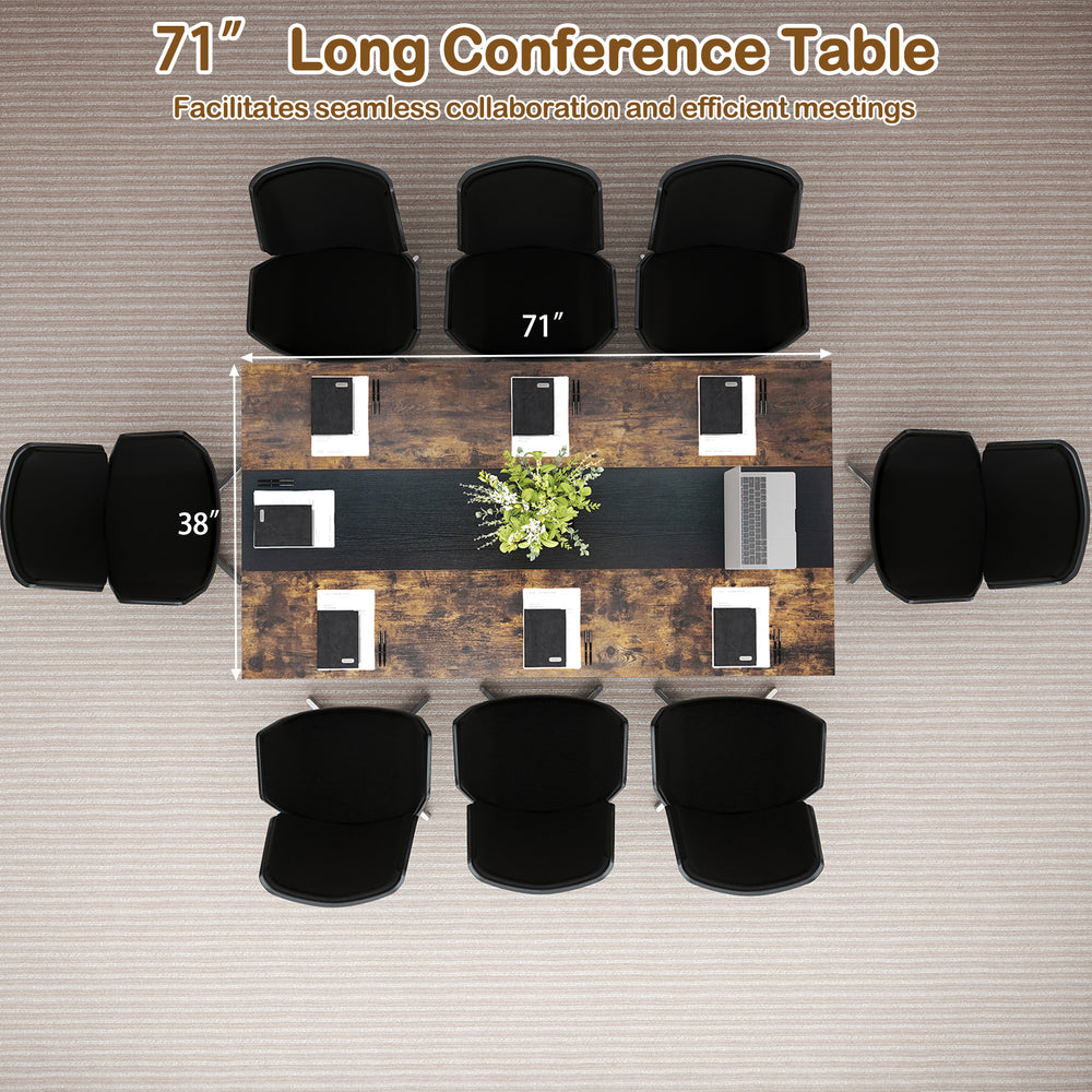 Rectangular meeting table in rustic brown, 71” long with mesh shelf and cable grommet for efficient workspace.