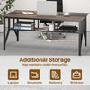 Rectangular meeting table in rustic brown with mesh storage shelf, cable grommet, and heavy-duty metal frame for office.