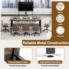 Rectangular meeting table in rustic brown with mesh storage shelf and cable grommet, ideal for office or conference use.