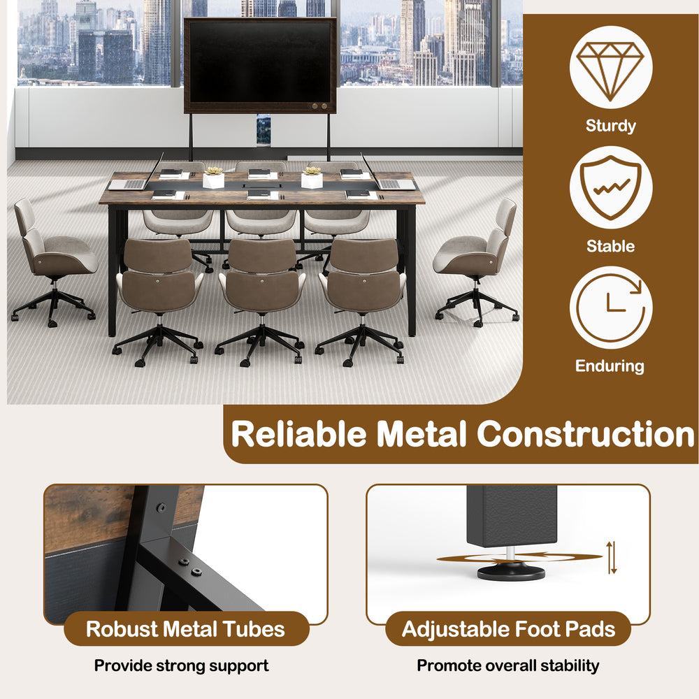 Rectangular meeting table in rustic brown with mesh storage shelf and cable grommet, ideal for office or conference use.