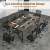 Rectangular meeting table with rustic brown finish, featuring a mesh storage shelf and cable grommet for organized.