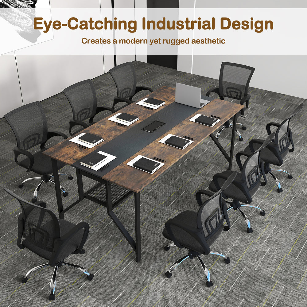 Rectangular meeting table with rustic brown finish, featuring a mesh storage shelf and cable grommet for organized.