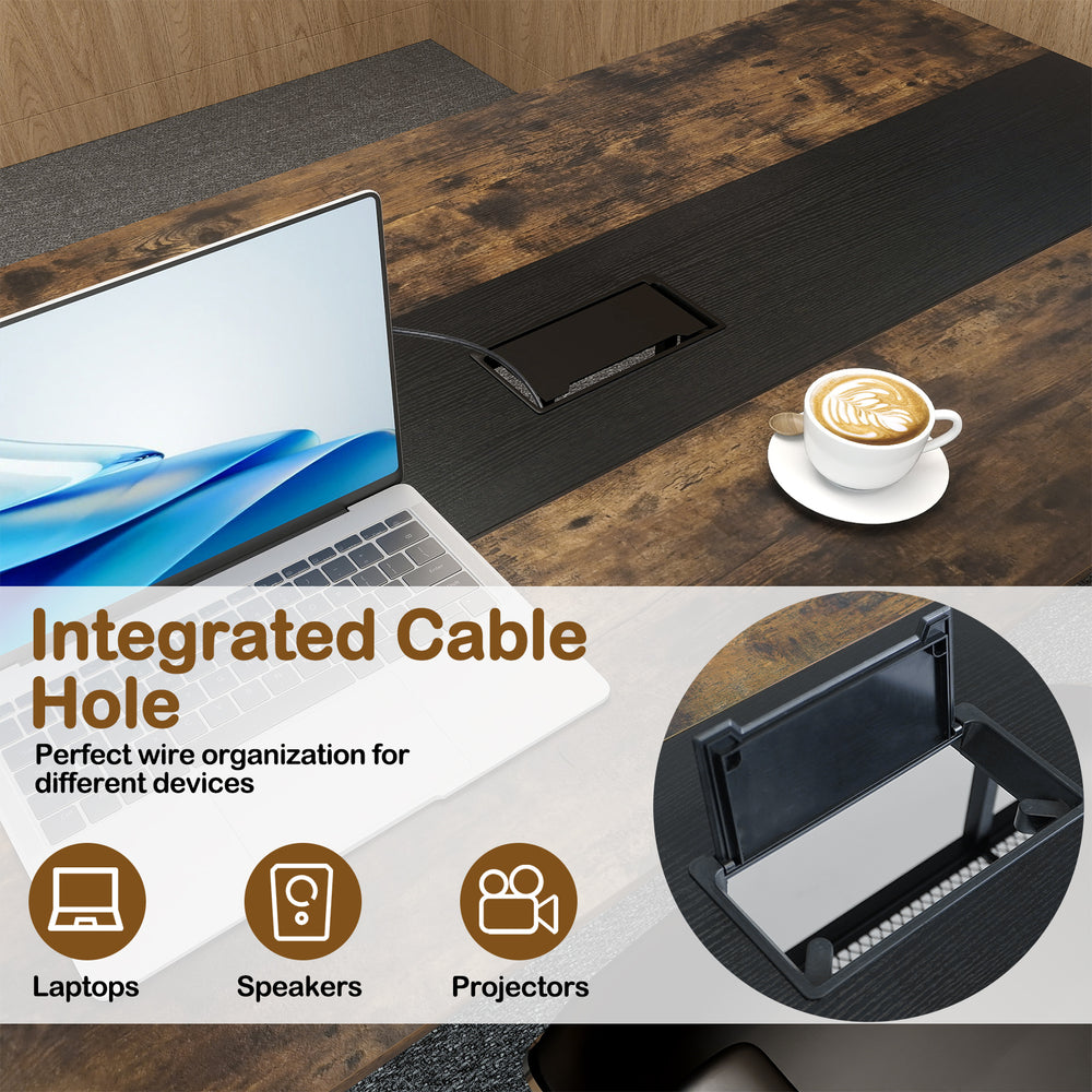Rectangular meeting table with rustic brown finish, featuring a cable grommet for organized workspace and mesh storage.