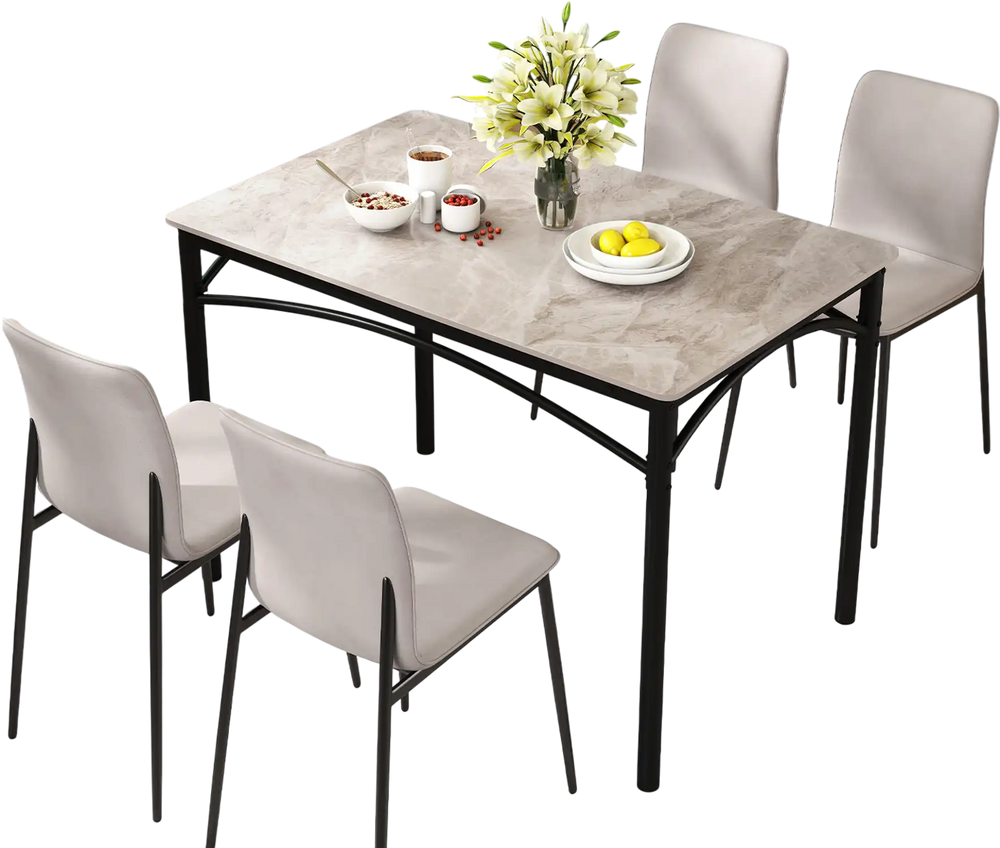 Rectangular modern dining table for 4 with grey sintered stone top and sturdy black metal frame, ideal for kitchens.