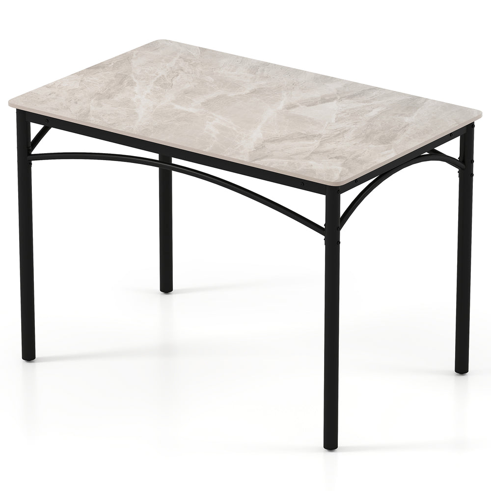 Rectangular modern dining table with grey sintered stone top and sturdy black metal frame, suitable for 4 people.