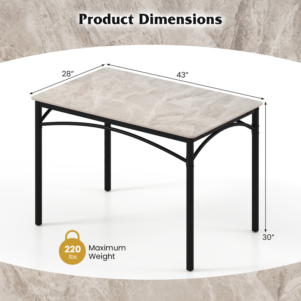 Rectangular modern dining table with grey sintered stone top, sturdy metal frame, and dimensions of 43"x28"x30".