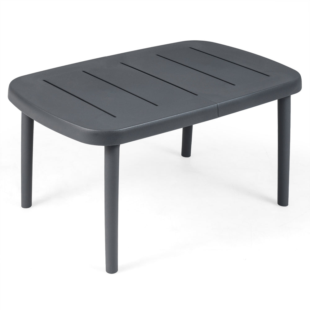 Rectangular gray patio side table with aluminum alloy rods, perfect for poolside use and organizing beverages and.