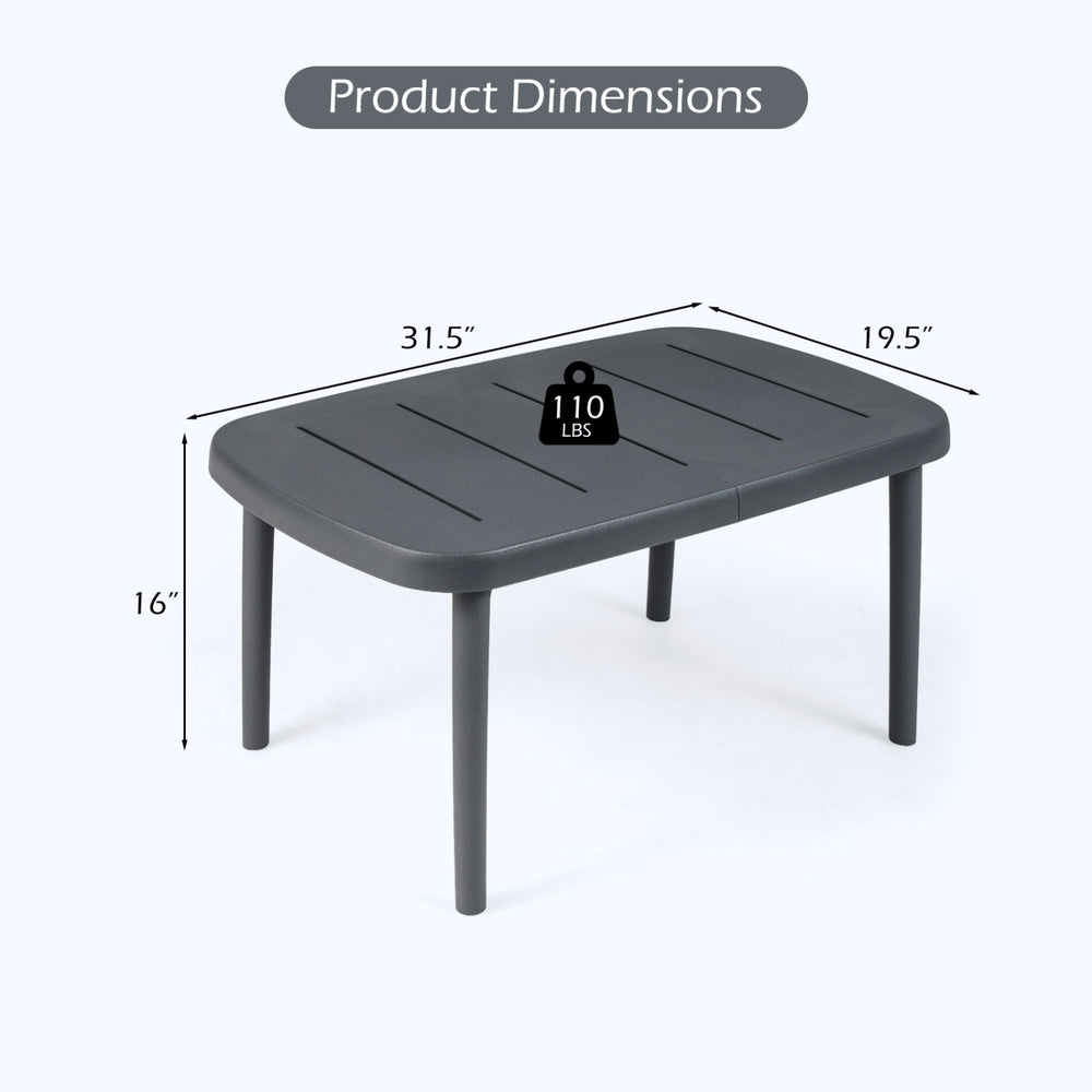 Rectangular gray patio storage side table with aluminum alloy rods, measuring 31.5" x 19.5" x 16", ideal for poolside.