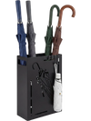 Rectangular black umbrella holder rack with removable drip tray, featuring four umbrellas in various colors.