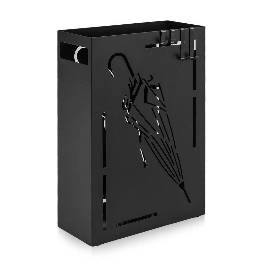 Black rectangular umbrella holder rack with removable drip tray, featuring a stylish cut-out umbrella design.