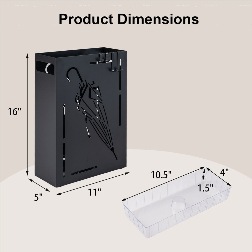 Rectangular black umbrella holder rack with removable drip tray, dimensions 16"x11"x5" for organized entryways.