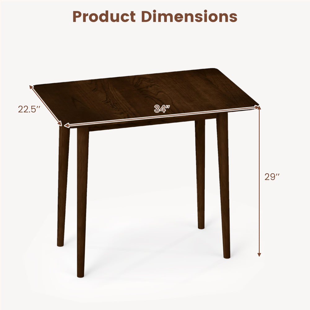 Rectangular wooden dining table dimensions showing 34" x 22.5" size, designed for 2-4 people in walnut finish.