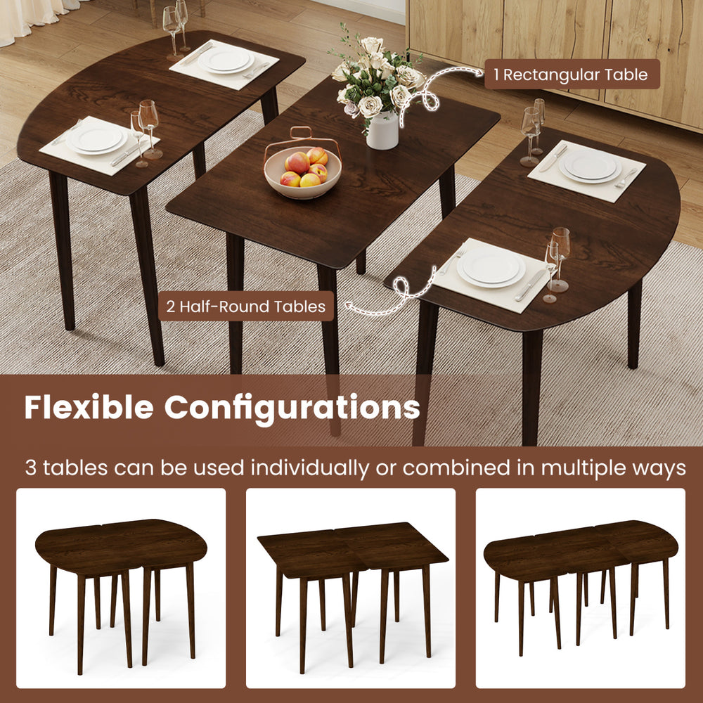 Rectangular wooden dining table with two half-round tables, walnut finish, perfect for 2-4 diners in a farmhouse style.