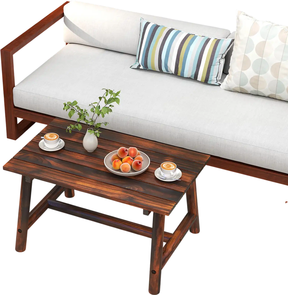 Solid wood patio table with slatted tabletop, made of pine and fir, perfect for garden or balcony use.