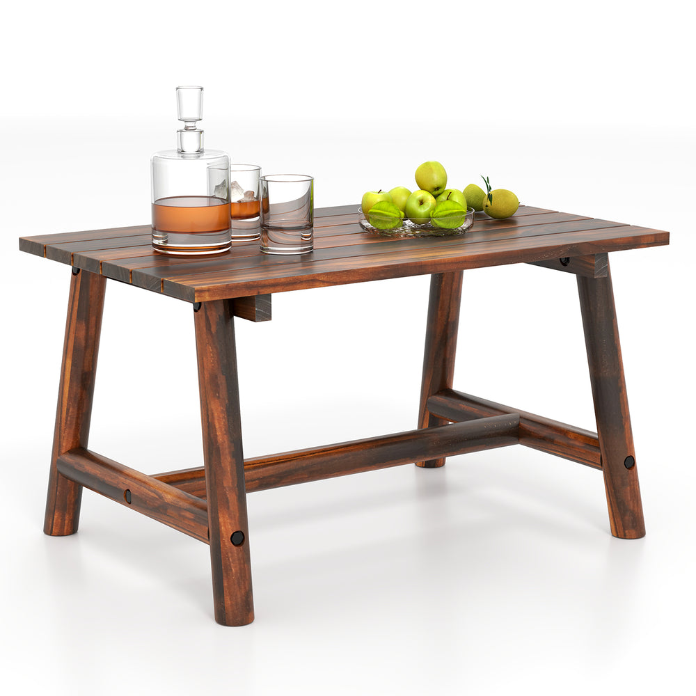 Solid wood patio table with slatted tabletop, brown finish, ideal for garden, porch, or poolside use.